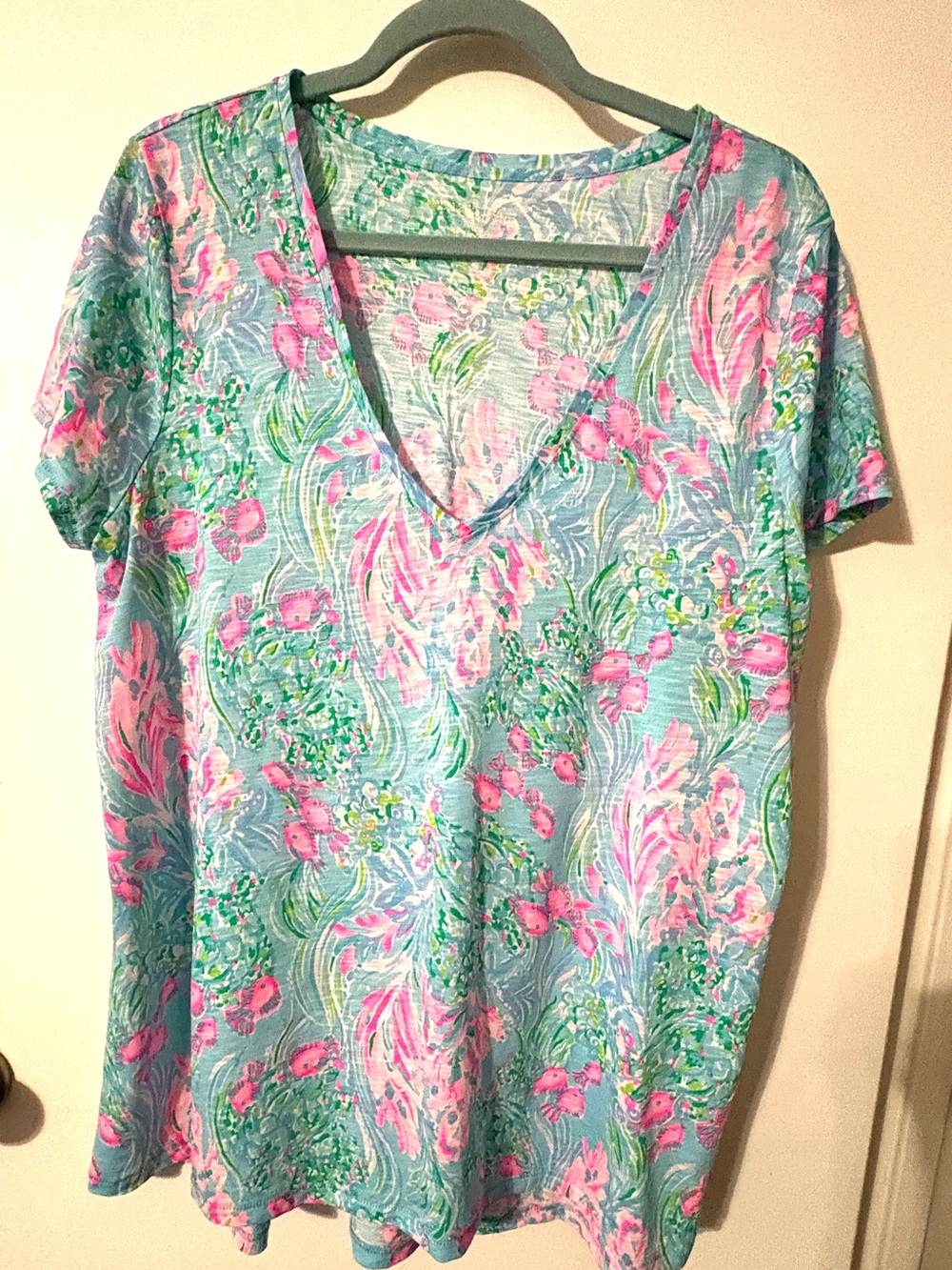 Lilly Pulitzer Blue Floral V-Neck Blouse with Pink & Green Print